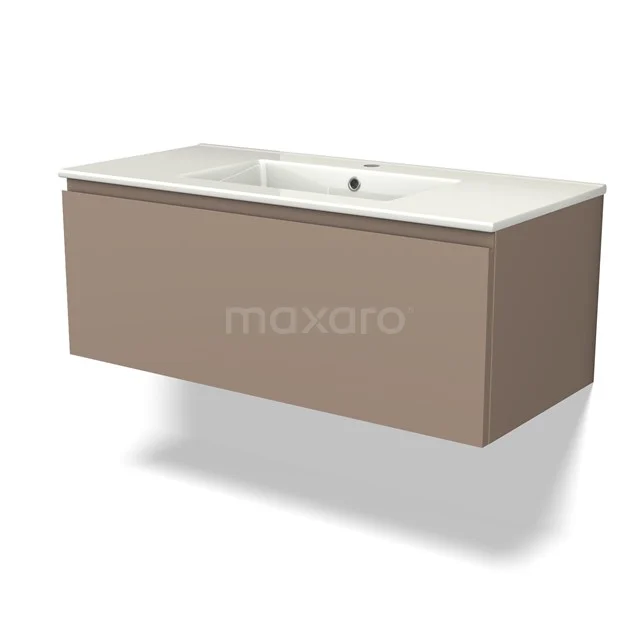 Rectangular bathroom unit in taupe colour with white ceramic basin, ideal for modern bathroom design.