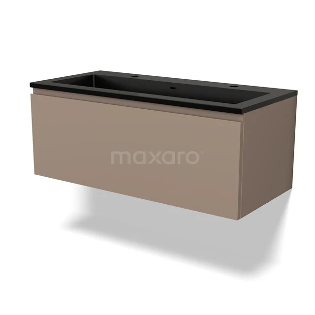 Braune Badmöbelset mit mattschwarzer Waschtischplatte, modernes Design, ideal für eine stilvolle und funktionale Badezimmerinrichtung.