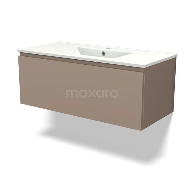 Brown floating bathroom unit with integrated vanity units with basin, sleek design and modern finish.