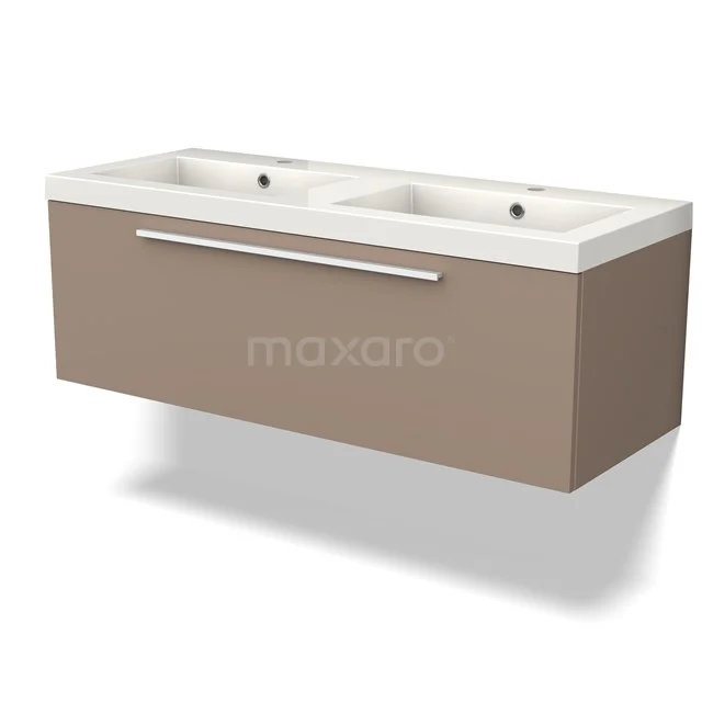 Beige vanity units with double basin, modern design and slim chrome handle, ideal for stylish bathrooms.