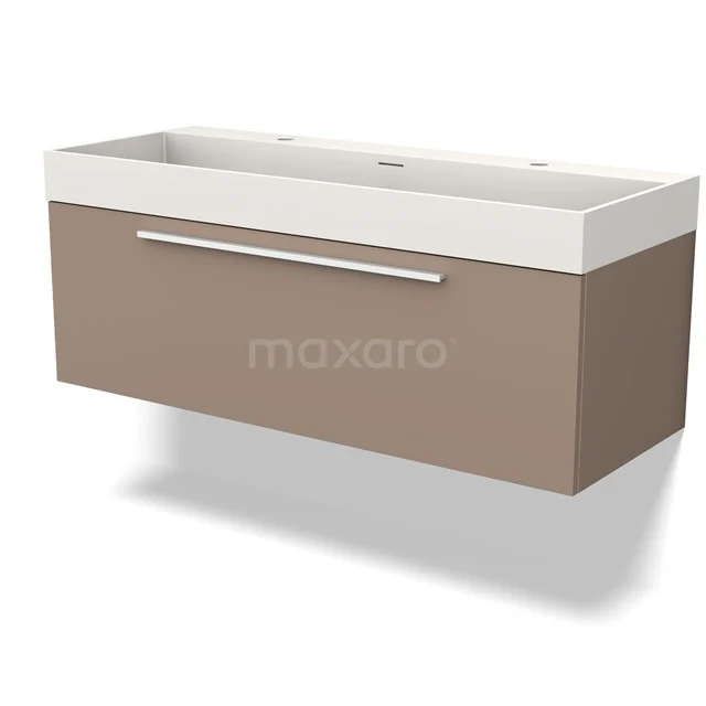 Modern taupe bathroom unit with white ceramic basin, sleek drawer and subtle Handle, perfect for a stylish bathroom.