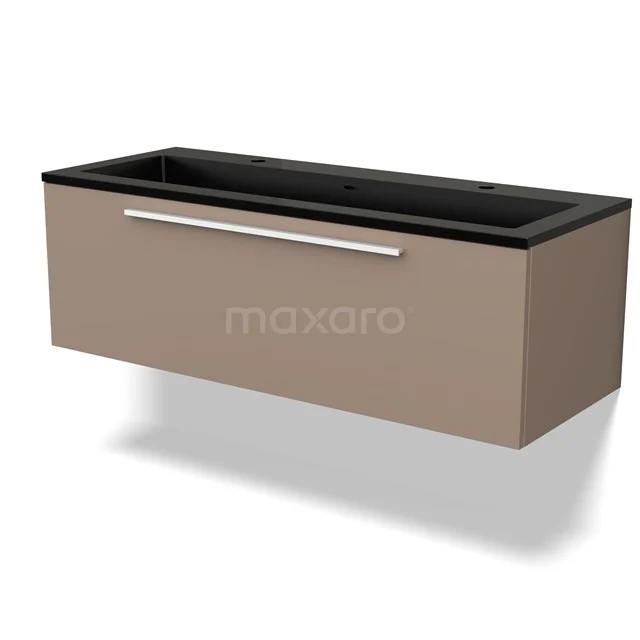 Modulo Waschtische | 120 cm Taupe Flach front Quarz 1 Schublade BMW11-03879 Brauner hängender Badschrank mit schwarzer Waschtischplatte, moderne Verarbeitung und metallischem Haltegriff; ideal für stilvolle Badezimmerlagerung.