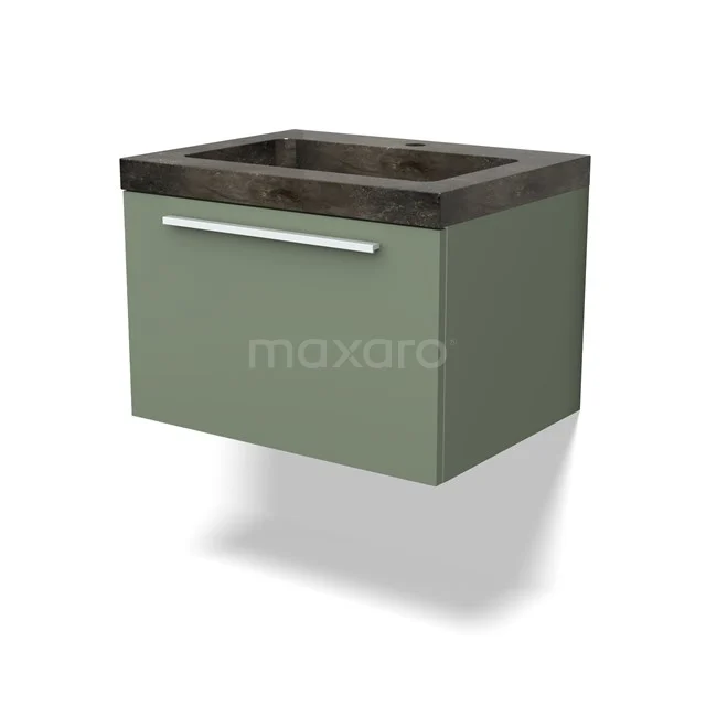 Grünes hängendes Badmöbel mit dunklem Marmor Waschbecken, Softclose-Schublade und schickem modernem Design.