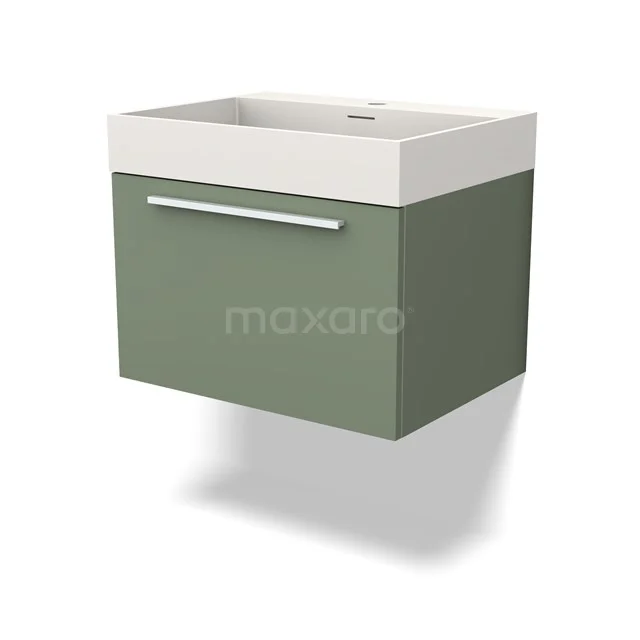 Green wall-mounted Bathroom unit with white vanity units with basin, sleek drawer with silver handle, perfect for modern bathrooms.