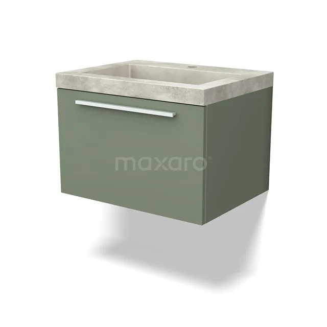 Green wall-mounted bathroom cabinet with concrete-look basin, sleek silver Handle and compact design.