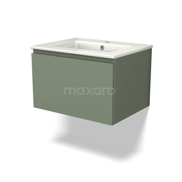 Grünes hängendes Badezimmermöbel mit Softclose Schubladen und weißem Waschbecken, modernes Design aus Holzfurnier, geeignet für kompakte Bäder.