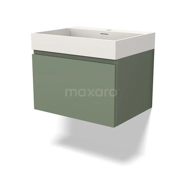 Grünes Badezimmermöbel mit weißem Waschbecken, Wandmodell, modernes Design, ideal für kompakte Bäder.