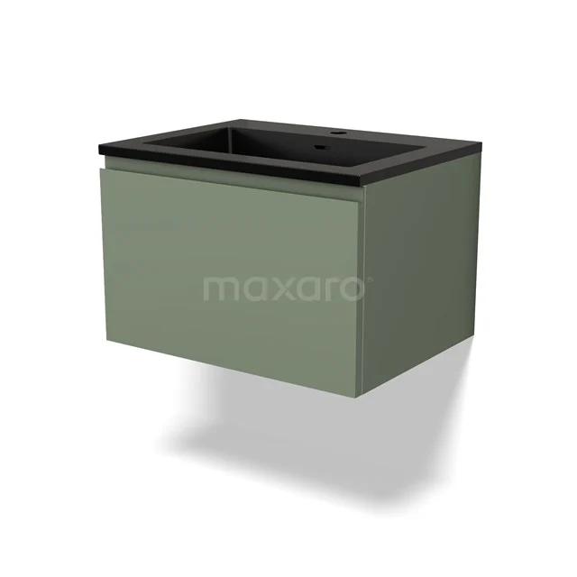 Green bathroom cabinet with black sink, modern design, hanging model, ideal for a sleek and stylish bathroom design.