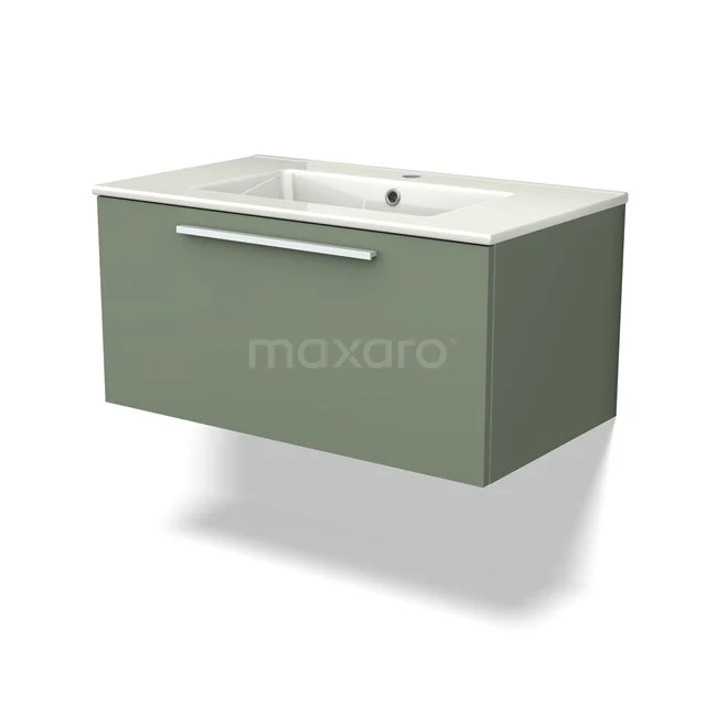 Grünes Wandmöbel mit integriertem Waschbecken, moderne gerade Linien, ideal für stilvolle Badezimmeraufbewahrungslösungen.