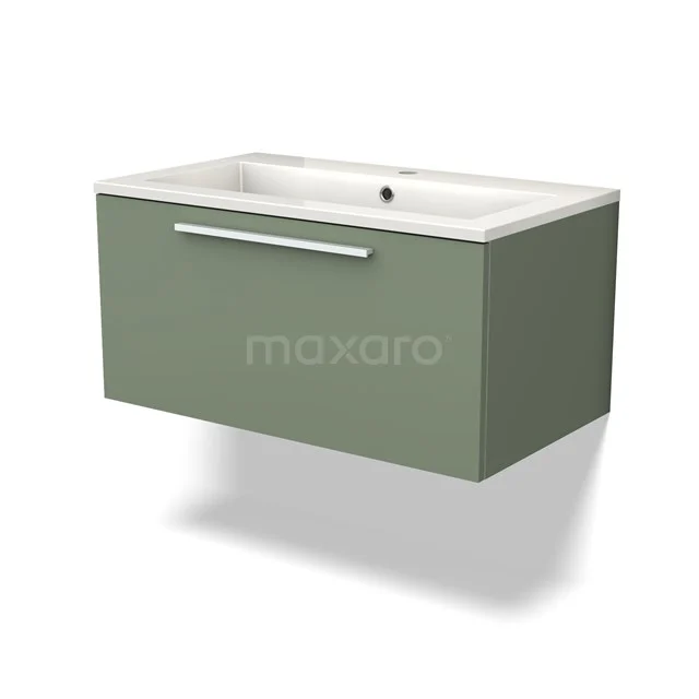 Grünes hängendes Badezimmermöbel mit weißem keramischen Waschbecken, minimalistisches Design und nachhaltigen Materialien.