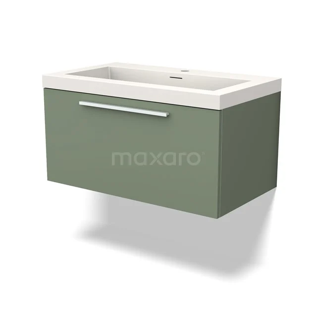 Green hanging bathroom unit with white vanity units with basin, minimalist design and aluminium handle.