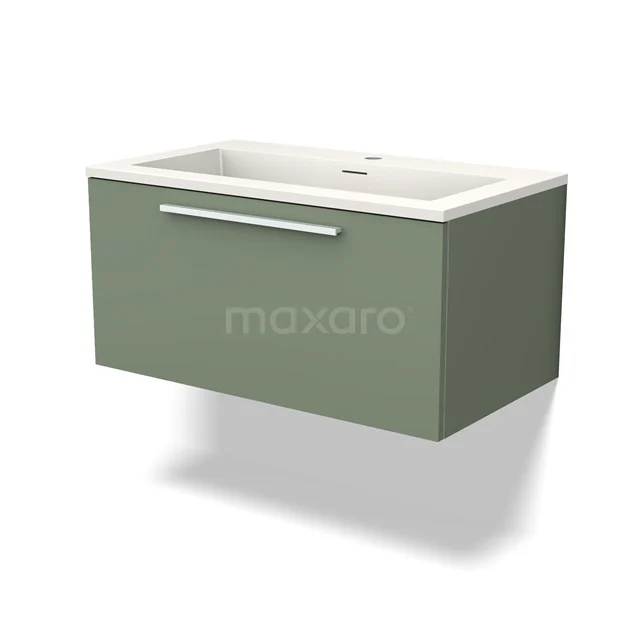 Olive green wall-mounted bathroom unit with built-in vanity units with basin, modern design with sleek metal handle.