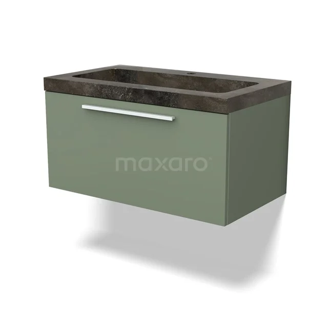 Grünes hängendes Badezimmermöbel mit Betonlook Waschbecken, modernem Schublade und metallischem Haltegriff, ideal für ein stilvolles Badezimmer.