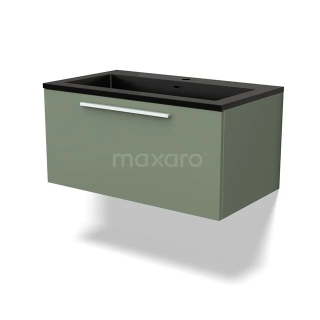 Green Bathroom unit with black vanity units with basin and chrome handle, modern hanging design, suitable for any stylish bathroom.