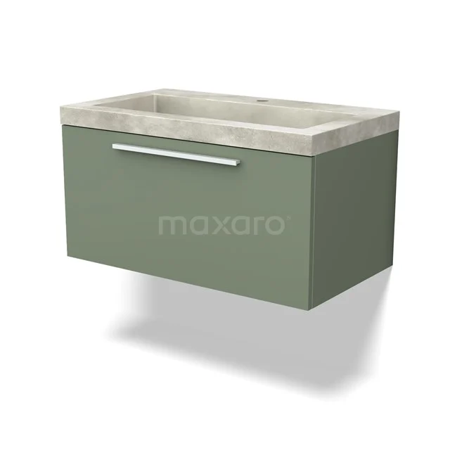 Green hanging bathroom cabinet with concrete basin and modern Handle, ideal for stylish bathroom design.