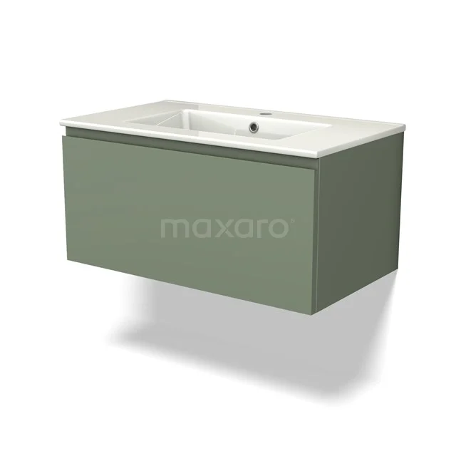 Green floating vanity units with basin, matte finish, modern design, ideal for stylish bathroom storage solutions.