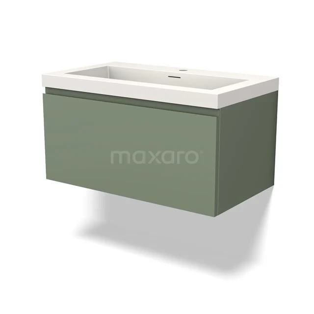 Green hanging bathroom unit with white basin, modern design and clean finish, ideal for a stylish bathroom.