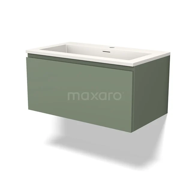 Green floating bathroom furniture set with rectangular basin, sleek design and matte finish, perfect for a modern bathroom.