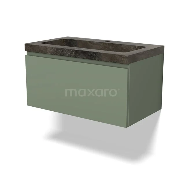 Grüner Waschbeckenunterschrank mit dunkler Steinplatte, elegantes Design, ideal für moderne Bäder.
