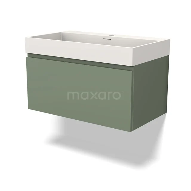 Green basin with matte lacquered wood base and white ceramic sink, ideal for modern bathroom design.