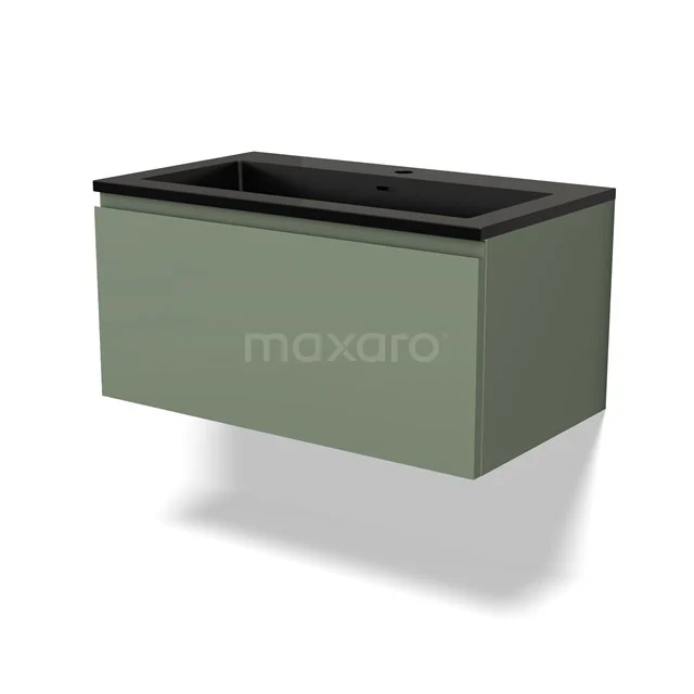 Green wall unit with black ceramic basin, modern bathroom design, sleek matt surface, ideal for small spaces.
