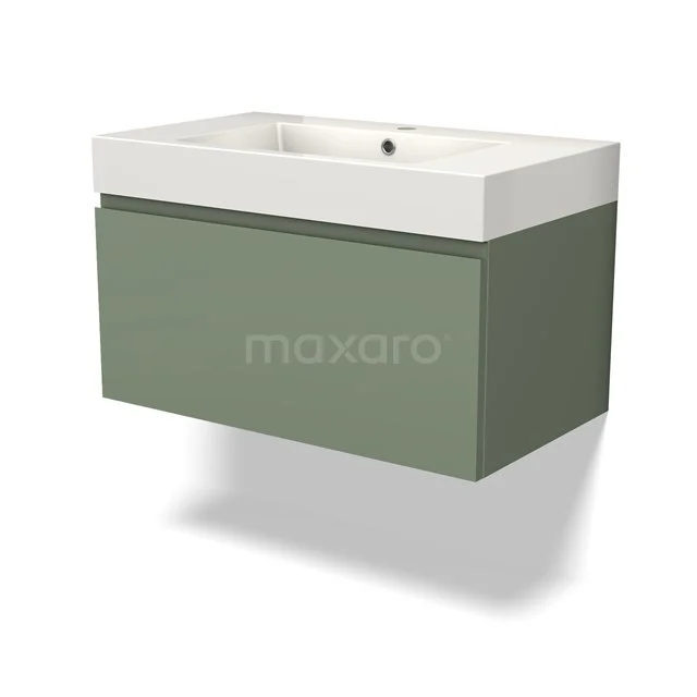Green vanity unit with white ceramic basin, sleek design and floating model, ideal for a modern bathroom.