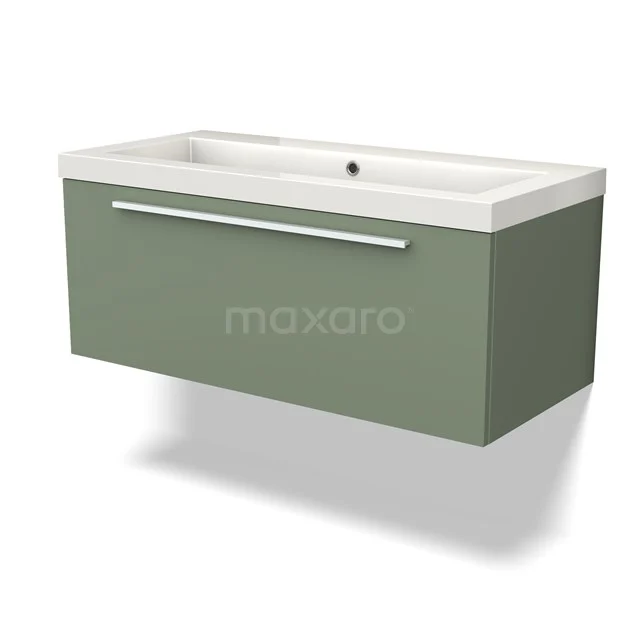 Green hanging bathroom cabinet with white basin, sleek design and metal Handle, ideal for modern bathroom design.