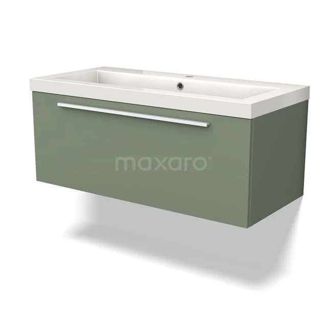 Green hanging bathroom unit with white vanity units with basin and metal handle, sleek design made of solid wood composite.