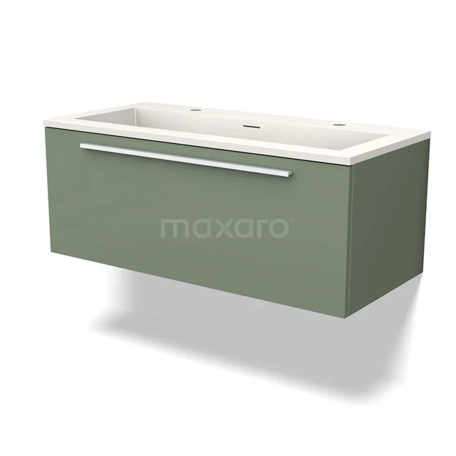 Green hanging vanity unit with drawers, modern design, including white basin; ideal for a sleek bathroom style.