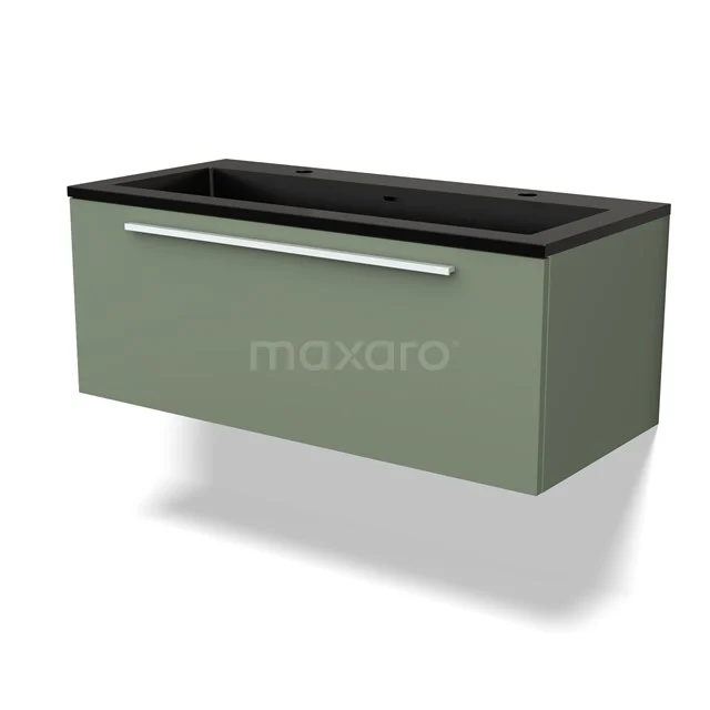 Green hanging bathroom cabinet with black basin worktop, modern design and slim handle, ideal for stylish bathroom storage.