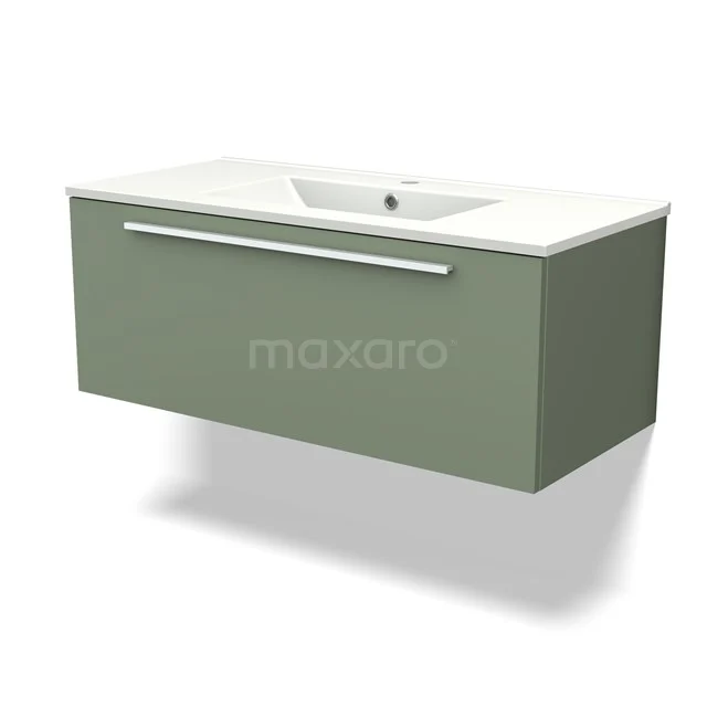 Green wall-mounted bathroom unit with white ceramic vanity units with basin and sleek design from the modern design series.