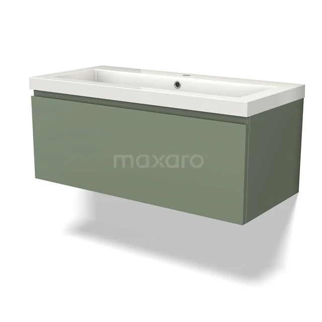 Green bathroom furniture set with basin, modern design, floating model made of wood, ideal for a stylish bathroom.