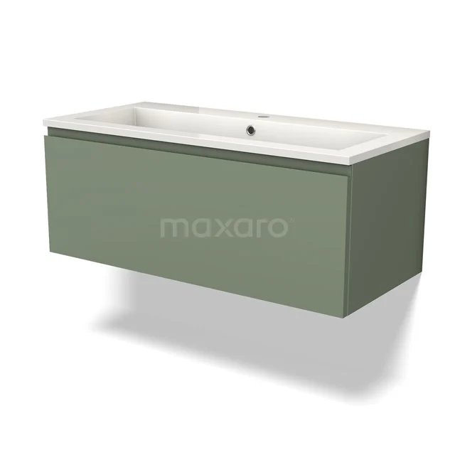 Rectangular green vanity unit with white ceramic basin, modern design for stylish bathroom decor.