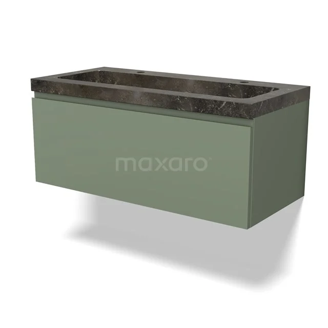 Green wall-mounted Bathroom unit with black marble basin, sleek design, ideal for a modern bathroom.