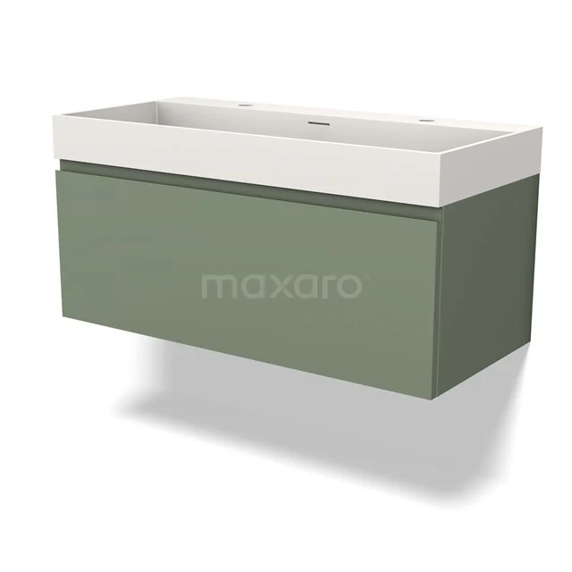 Grünes Badmöbel mit weißem Waschbecken, modernes Design, hängendes Modell, ideal für ein stilvolles und organisiertes Badezimmer.