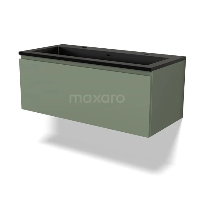 Grünes Badmöbel mit mattschwarzer Waschtischplatte, minimalistisches Design, ideal für einen modernen Badezimmerstil.