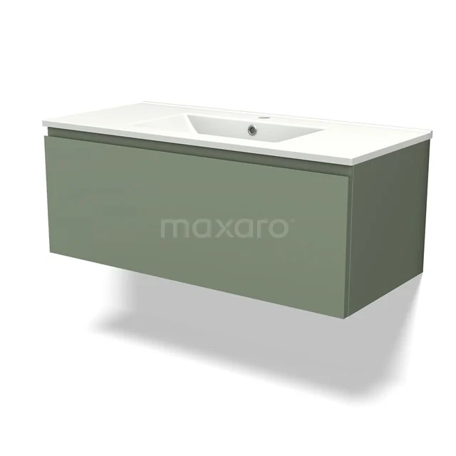 Olivier green floating basin base cabinet with integrated white Basin, suitable for a modern bathroom style.