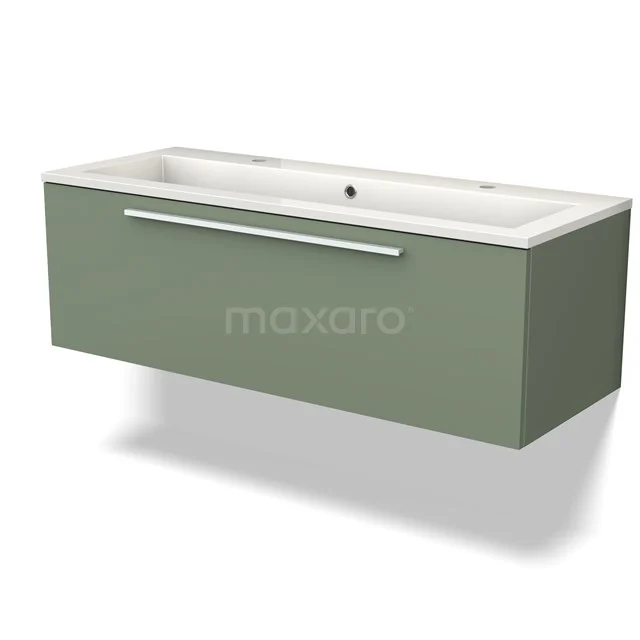 Grünes hängendes Badezimmermöbel mit weißem Waschbecken, straffes Design und metallischem Haltegriff, ideal für moderne Badezimmergestaltung.