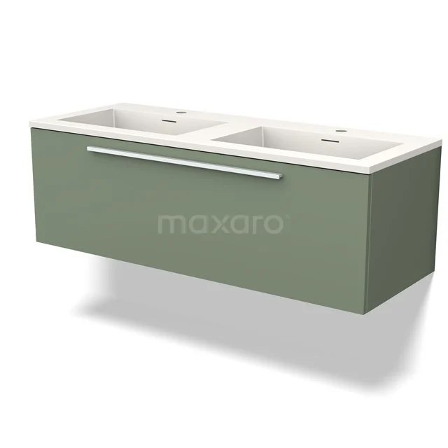 Modulo Waschtische | 120 cm Salbeigrün Flach front Solid Surface 1 Schublade BMW11-04029 Grünes hängendes Badezimmermöbel mit Doppelwaschbecken, straffes Design und rechteckiger Form, ideal für moderne Bäder.