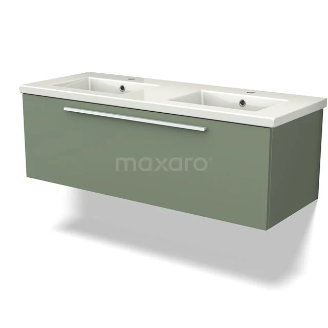 Double basin with mint green hanging bathroom unit, sleek design, including white ceramic vanity units with basin and metal handle.