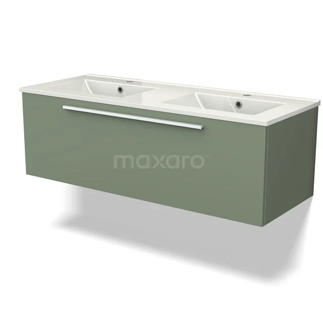 Green wooden double basin base cabinet with ceramic basin, modern design for stylish bathroom design.