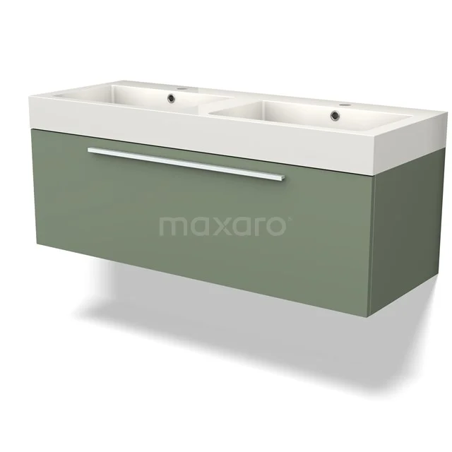 Green double vanity unit, matte finish, modern design with two sinks; ideal for a stylish bathroom.
