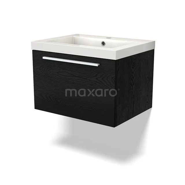 Wandhängendes Schwarz Badezimmermöbel mit Schublade und weißem Waschbecken, modernes Design in Holzoptik.