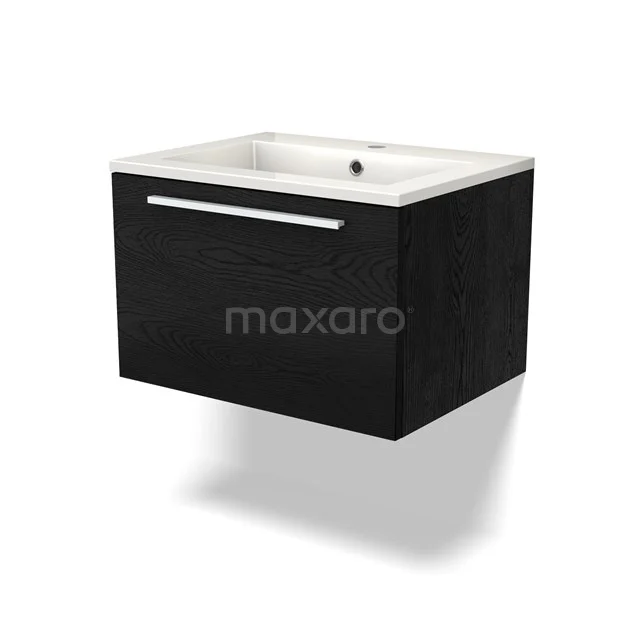 Black suspended bathroom unit with drawer unit, white ceramic basin worktop and sleek design handle, ideal for modern bathrooms.
