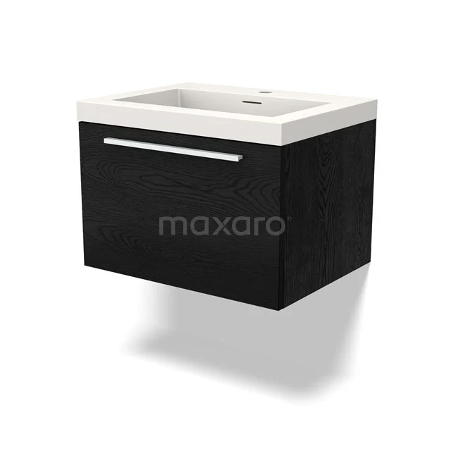 Black floating bathroom cabinet with white ceramic basin, modern design and black metal handle.