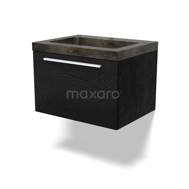 Schwarzes hängendes Badmöbel mit Schublade und Beton Waschbecken, modernes Design und klare Ausstrahlung.