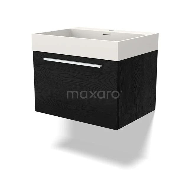 Schwarzes schwebendes Waschtischmöbel mit weißem Keramik-Waschbecken und metallischem Haltegriff, ideal für moderne Bäder.