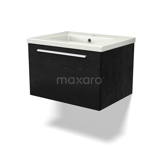 Black chrome bathroom unit with white ceramic vanity units with basin, hanging design with chrome handle. Modern and compact.