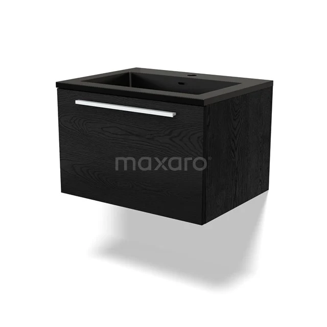 Schwarzes Holz-Badmöbel mit Schublade und integriertem Waschbecken, modernes Design, ideal für stilvolle Badezimmergestaltung.