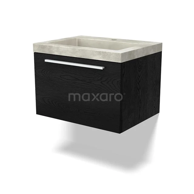 Schwarzes hängendes Badmöbelset mit Betonlook Waschbecken, schlankes Design mit chromfarbener Griff, ideal für moderne Bäder.